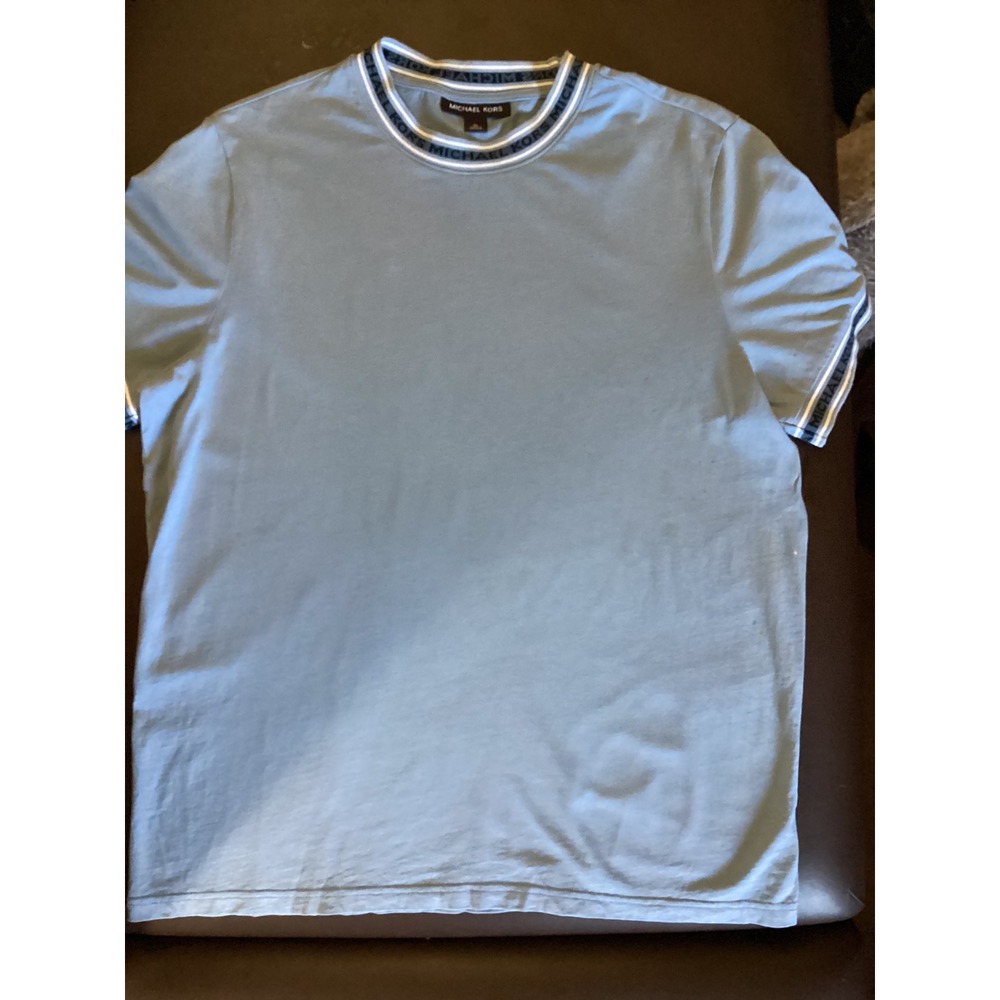 Michael Kors Mens Light Blue Logo Tape Trim Crew Neck Size XL Short Sleeve